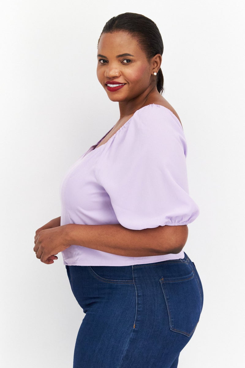 Riley & Rae Women Sweetheart Neck Puff Sleeve Solid Top, Lilac - Image 4